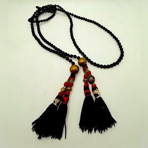 Vintage Black Stone Prayer Bead Lariat Necklace 4 Colorful Brass Bead Tassels